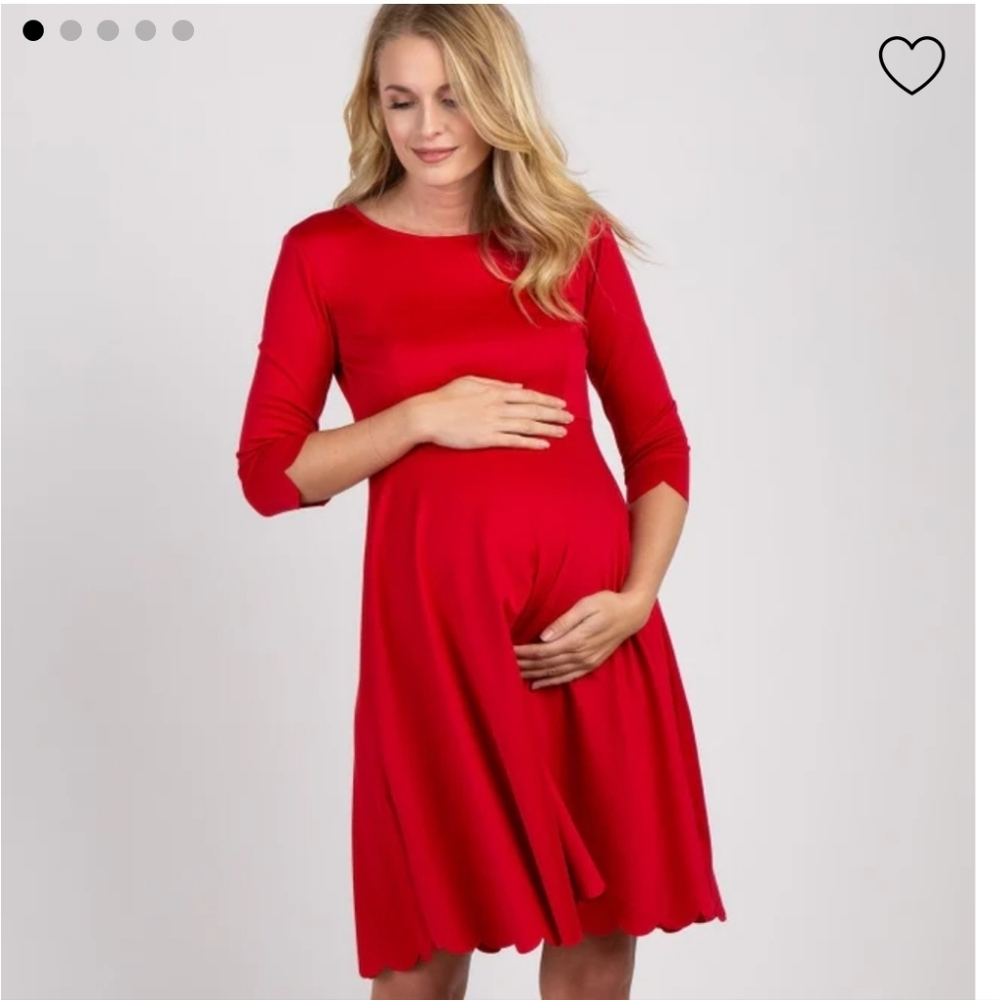 Red Solid Scalloped Hem Maternity Dress